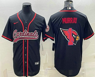 Men's Arizona Cardinals #1 Kyler Murray Black Team Big Logo With Patch Cool Base Stitched Baseball Jersey