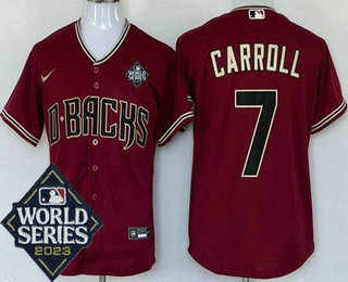 Men's Arizona Diamondbacks #7 Corbin Carroll Red 2023 World Series Cool Base Jersey