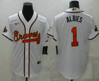 Men's Atlanta Braves #1 Ozzie Albies 2022 White Gold World Series Champions Program Cool Base Stitched Baseball Jersey