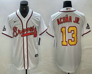 Men's Atlanta Braves #13 Ronald Acuna Jr White Gold 2021 World Series Champions Stitched Cool Base Jersey