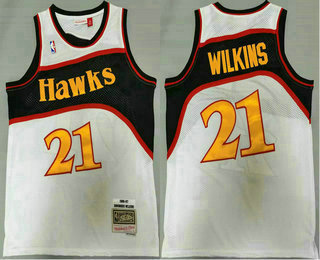 Men's Atlanta Hawks #21 Dominique Wilkins White Black 1986-87 Hardwood Classics Soul Swingman Throwback Jersey