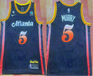 Men's Atlanta Hawks #5 Dejounte Murray 2022 Black City Edition With 6 Patch Stitched Jersey With Sponsor