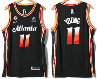 Men's Atlanta Hawks 11 Trae Young 2022 Black City Edition With 6 Patch Stitched Jersey With Sponsor