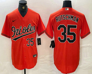 Men's Baltimore Orioles #35 Adley Rutschman Number Orange Stitched Cool Base Nike Jersey