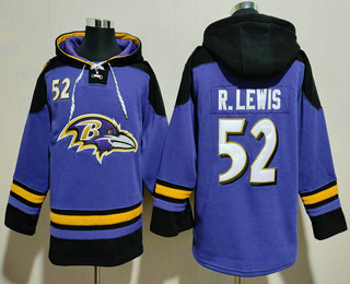 Men's Baltimore Ravens #52 Ray Lewis Purple Ageless Must Have Lace Up Pullover Hoodie