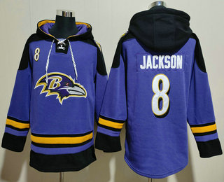 Men's Baltimore Ravens #8 Lamar Jackson Purple Ageless Must Have Lace Up Pullover Hoodie