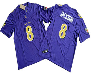 Men's Baltimore Ravens #8 Lamar Jackson Purple 2023 FUSE Color Rush Stitched Limited Jersey
