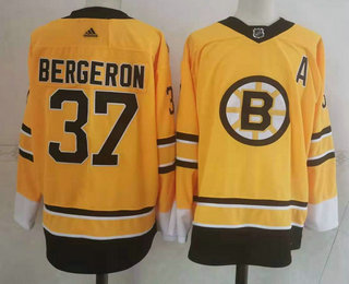 Men's Boston Bruins #37 Patrice Bergeron Yellow Adidas 2020-21 Stitched NHL Jersey