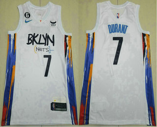Men's Brooklyn Nets #7 Kevin Durant 2022 White City Edition With No 6 Patch Stitched Jersey With Sponsor