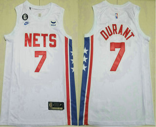Men's Brooklyn Nets #7 Kevin Durant White With 6 Patch Sponsor Nike Swingman Throwback Jersey