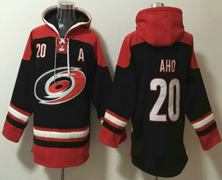 Men's Carolina Hurricanes #20 Sebastian Aho Black Ageless Must Have Lace Up Pullover Hoodie