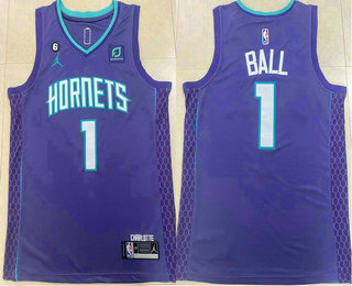 Men's Charlotte Hornets #1 LaMelo Ball Purple 2022 Brand Jordan Swingman Jersey With Sponsor
