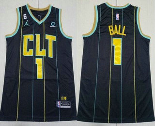 Men's Charlotte Hornets #1 Lamelo Ball Black 2022 City 6 Patch Icon Sponsor Swingman Jersey