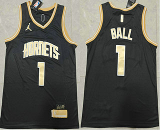 Men's Charlotte Hornets #1 Lamelo Ball Black Gold 2024 Stitched Jersey