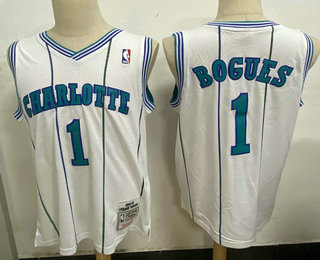 Men's Charlotte Hornets #1 Muggsy Bogues 1992-93 White Hardwood Classics Soul Swingman Throwback Jersey With Adidas