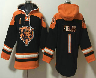 Men's Chicago Bears #1 Justin Fields Navy Blue Ageless Must Have Lace Up Pullover Hoodie