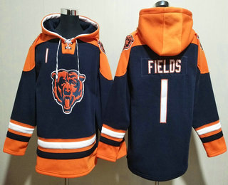 Men's Chicago Bears #1 Justin Fields Navy Blue Ageless Must Have Lace Up Pullover Hoodie