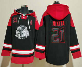 Men's Chicago Blackhawks #21 Stan Mikita Black Skulls Ageless Must Have Lace Up Pullover Hoodie