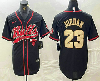 Men's Chicago Bulls #23 Michael Jordan Black Gold Cool Base Stitched Baseball Jersey 01