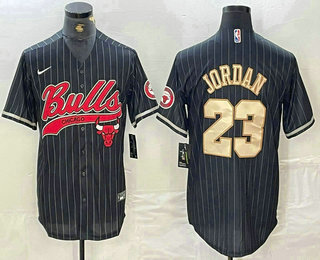 Men's Chicago Bulls #23 Michael Jordan Black Gold Pinstripe Cool Base Stitched Baseball Jersey