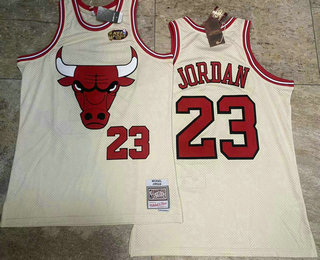 Men's Chicago Bulls #23 Michael Jordan Cream Team Logo Throwback AU Jersey