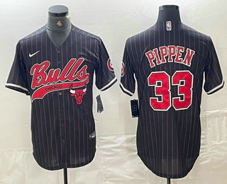 Men's Chicago Bulls #33 Scottie Pippen Black Pinstripe Cool Base Stitched Baseball Jersey 02