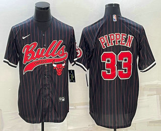 Men's Chicago Bulls #33 Scottie Pippen Black With Patch Cool Base Stitched Baseball Jersey (2)