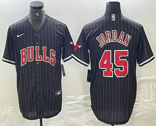Men's Chicago Bulls #45 Michael Jordan Black Pinstripe Cool Base Stitched Baseball Jersey 01