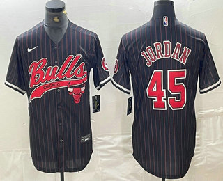 Men's Chicago Bulls #45 Michael Jordan Black Pinstripe Cool Base Stitched Baseball Jersey 02