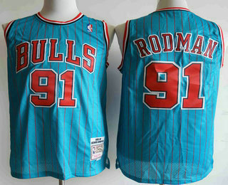 Men's Chicago Bulls #91 Dennis Rodman 1995-96 Blue Pinstripe Hardwood Classics Soul Swingman Throwback Jersey