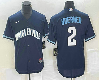 Men's Chicago Cubs #2 Nico Hoerner Navy Blue City Connect Cool Base Stitched Jersey