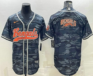 Men's Cincinnati Bengals Grey Camo Team Big Logo With Patch Cool Base Stitched Baseball Jersey