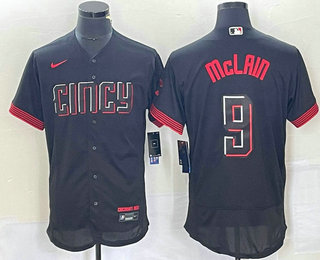 Men's Cincinnati Reds #9 Matt McLain Black 2023 City Connect Flex Base Stitched Jersey 01