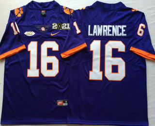 Men's Clemson Tigers #16 Trevor Lawrence Purple Stitched NCAA Nike 2021 Championship Game Patch College Football Jersey
