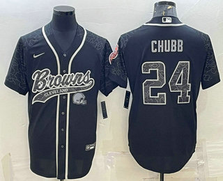 Men's Cleveland Browns #24 Nick Chubb Black Reflective With Patch Cool Base Stitched Baseball Jersey
