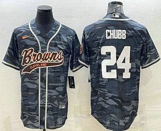 Men's Cleveland Browns #24 Nick Chubb Grey Camo With Patch Cool Base Stitched Baseball Jersey