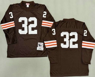 Men's Cleveland Browns #32 Jim Brown Brown Long Sleeves 1964 Throwback Jersey