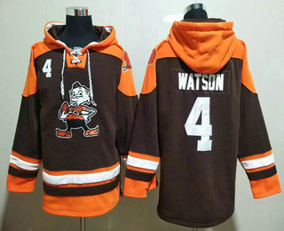 Men's Cleveland Browns #4 Deshaun Watson Brown Ageless Must Have Lace Up Pullover Hoodie