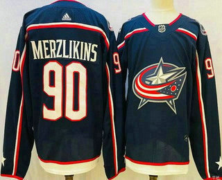 Men's Columbus Blue Jackets #90 Elvis Merzlikins Navy Authentic Jersey