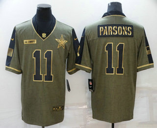 Men's Dallas Cowboys #11 Micah Parsons 2021 Olive Salute To Service Golden Limited Stitched Jersey