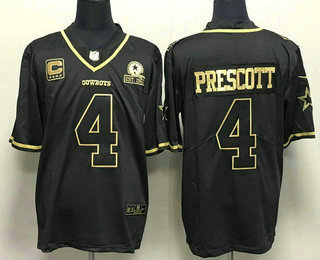 Men's Dallas Cowboys #4 Dak Prescott Black Gold With 1960 Patch And C Patch Stitched Jersey