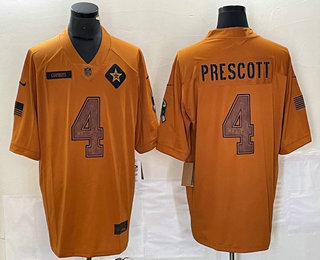 Men's Dallas Cowboys #4 Dak Prescott Brown 2023 Salute To Service Limited Stitched Jersey