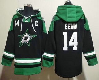 Men's Dallas Stars #14 Jamie Benn Black Green Lace Up Pullover Hoodie