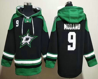 Men's Dallas Stars #9 Mike Modano Black Green Lace Up Pullover Hoodie