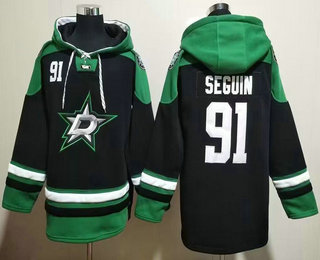 Men's Dallas Stars #91 Tyler Seguin Black Green Lace Up Pullover Hoodie