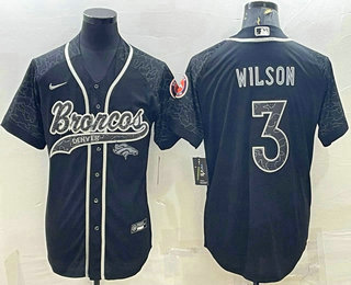 Men's Denver Broncos #3 Russell Wilson Black Reflective With Patch Cool Base Stitched Baseball Jersey
