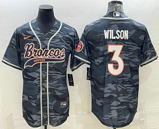 Men's Denver Broncos #3 Russell Wilson Grey Camo With Patch Cool Base Stitched Baseball Jersey