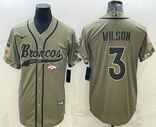 Men's Denver Broncos #3 Russell Wilson Olive 2022 Salute to Service Cool Base Stitched Baseball Jersey