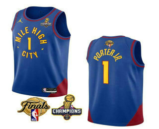 Men's Denver Nuggets #1 Michael Porter Jr Blue 2023 Champions Patch And Finals Patch Statement Edition Stitched Jersey