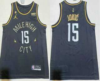 Men's Denver Nuggets #15 Nikola Jokic Black Gold 6 Patch Icon Sponsor Swingman Jersey